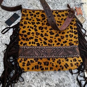 New With Tags-American Darling Leopard Print Leather Large Messenger Handbag